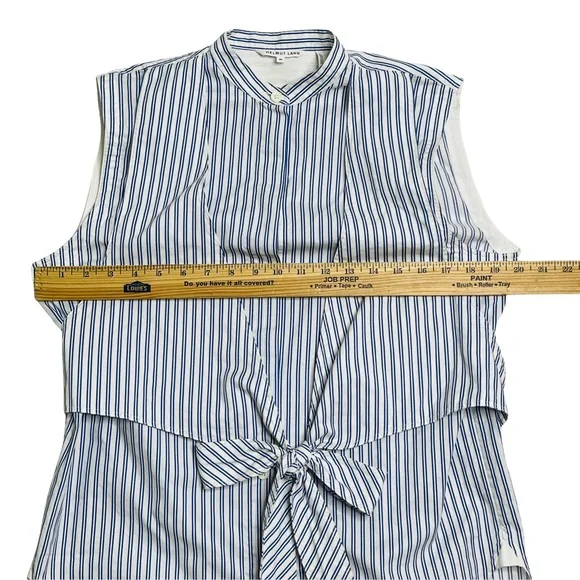 Helmut Lang Blue Striped Sleeveless Tie-Front Cotton Poplin Shirt Size Medium - Picture 12 of 13